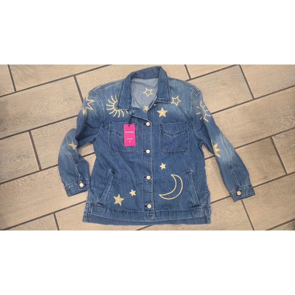 Loveimgs Celestial Embroidered Denim Jacket Sun Moon Stars Blue Medium NWT